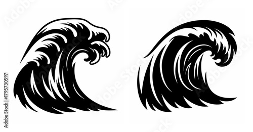 Stylized black and white ocean waves two majestic swirling water forms representing sea power and natural beauty