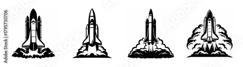 Four graphic renditions of space shuttle launch sequence showcasing power and ascent