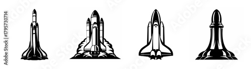 Four distinct rocket launchpad designs displayed in a row featuring intricate detailing and classic rocket silhouettes ready for liftoff