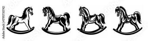 Four distinct vintage rocking horses in a row showcasing classic toy design details