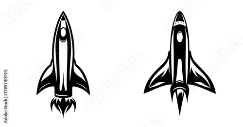 Two retro rocket ships ascending with fiery exhaust trails in a stylized drawing