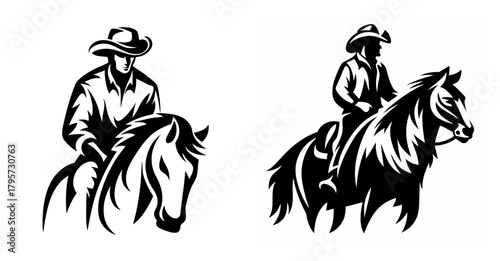 Two bold cowboy riders on horses silhouette style black and white dynamic western art
