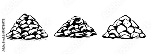 Three piles of rocks hand drawn graphic elements natural stone collection outdoor construction material elements