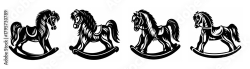 Four detailed silhouette engravings of classic rocking horses showcasing timeless playtime charm