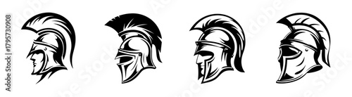 Four distinct profiles of a detailed roman gladiator helmet offering unique angles and fierce warrior imagery