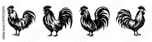 Collection of four detailed rooster silhouettes showing different poses and angles for farmyard art