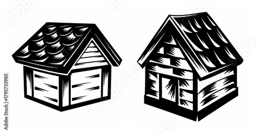 Two stylized wooden houses with gable roofs presented side by side artistic rendering