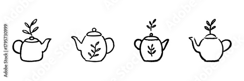 Teapot With Leaf Design Line Icon Set In Doodle Style. Herbal Tea, Natural Infusion, And Eco-Friendly Beverage Outline Sketch Collection. Hand Drawn Isolated Vector Illustration
