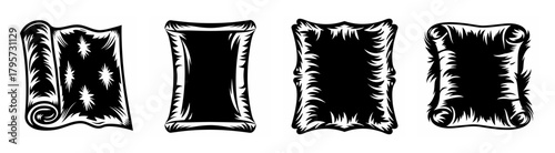 Four black and white images of scroll-like shapes with rough edges and textured surfaces.