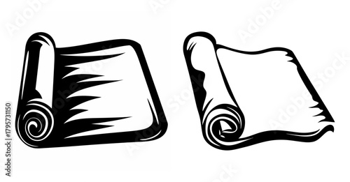 Two hand drawn rolled up scrolls open with visible texture and shadows representing old parchment documents