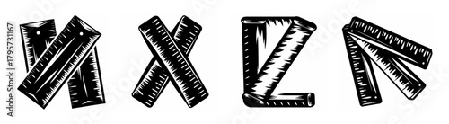 Four distinct hand-drawn line art representations of folding rulers or measuring tools in various arrangements showing their construction details