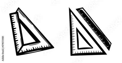 Two hand-drawn triangle rulers with measurement markings and geometric drafting tools
