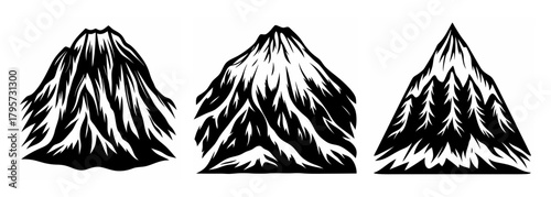Three distinct sacred mountain designs sketch style monochromatic landscape elements