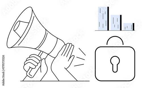 Hands cover megaphone to symbolize controlled communication, bar chart represents data, and padlock conveys security. Ideal for communication control, data privacy, encryption, confidentiality