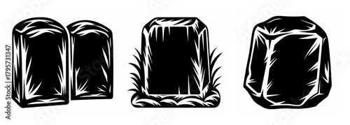 Three ancient stone tablets or monumental inscriptions depicted in a rough graphic style art
