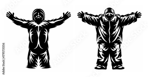 Two figures in protective suits arms outstretched in a bold graphic style representing safety and protection