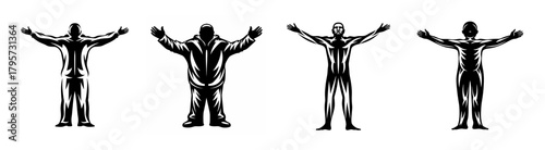 Four abstract human silhouettes with arms raised in a dynamic open pose on a clean