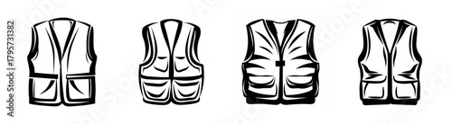 Collection of four outlined safety vests featuring multiple pockets for workwear and outdoor activities