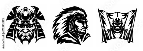 Three striking black and white designs featuring samurai warrior native american and tribal face art