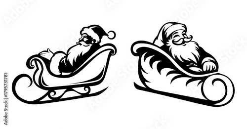 Classic santa claus riding sleigh festive christmas holiday icons two poses black and white