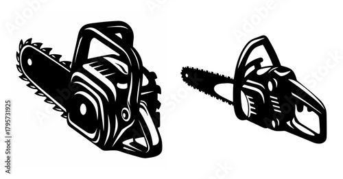 Two black and white chainsaw depictions one large one small shown side by side in a simple artistic style
