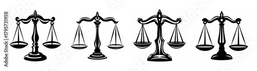 Four detailed scales of justice symbols representing law fairness balance and legal decisions