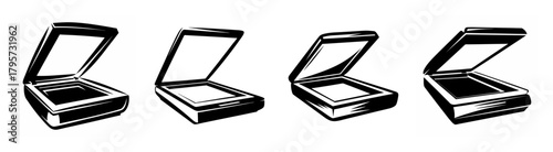 Vintage style sketch of multiple flatbed scanners with lids open showing internal components