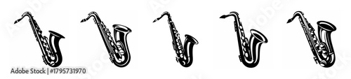 Five hand-drawn style saxophones in silhouette jazz music instrument illustration artistic design