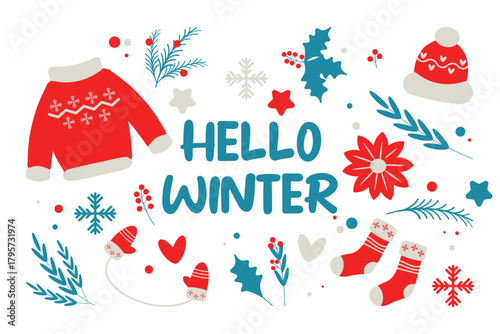 Bright colors style vector set Christmas elements including fir branches, holly twig snowflakes sweater mittens socks hat star. Hand-drawn festive collection for winter holiday designs. Hello winter