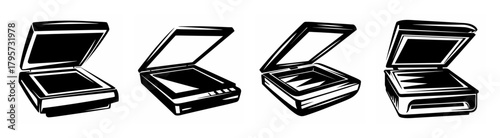 Collection of four flatbed scanners with lids open showcasing internal mechanisms and technology in artistic sketch style