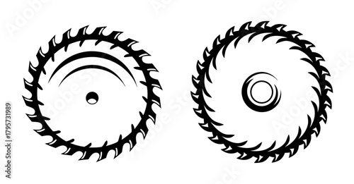 Close-up of two black saw blades with serrated teeth showing circular motion and sharp edges
