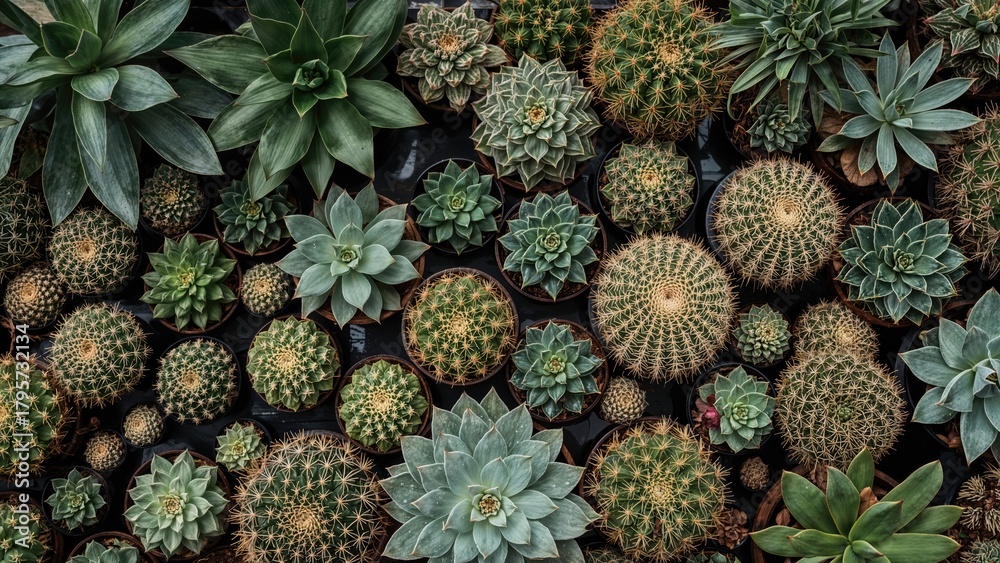 Fototapeta premium A variety of succulents and cacti arranged together with different shapes and sizes.