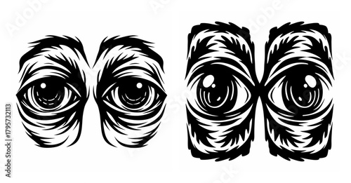 Intense scary eyes staring directly forward with a detailed hatching style rendering