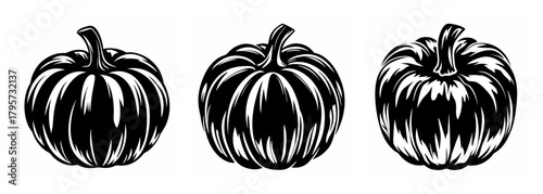 Three vintage carved pumpkins in a row detailed with deep lines and organic texture perfect for halloween decor