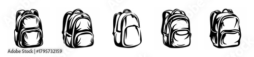 Collection of five artistic sketches of school backpacks offering a classic and timeless design aesthetic