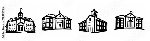 Collection of hand-drawn school buildings featuring classic architecture and distinctive cupolas for educational themes