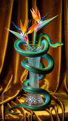 Stunning Snake Wrapped Around Crystal Vase with Bright Flowers Photo
