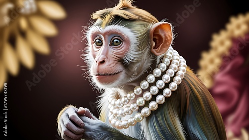 Stylish Monkey Adorned with Pearls in Luxurious Portrait Photo