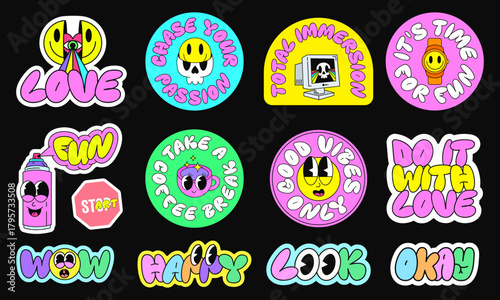 Cool RetroGroovy Stickers Collection Vector Design. Pop Art Funky Characters Patches.