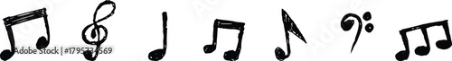 Hand-drawn music symbols: notes, treble, bass clefs doodle style