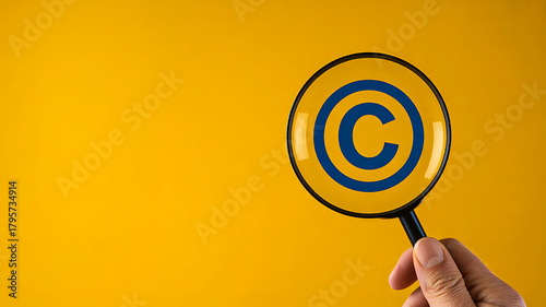 Hand holding magnifying glass over copyright symbol on yellow background symbolizing intellectual property and content protection