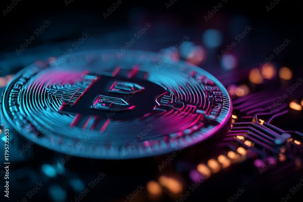 Obraz premium High contrast digital art of a neon Bitcoin with circuit patterns.