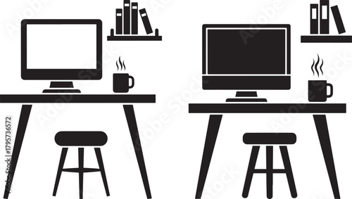 Two desks with computers and stools in a minimalist silhouette style
