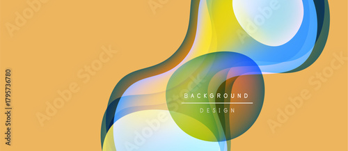 Abstract fluid shapes overlap, creating vibrant color gradients. Warm beige background complements cool blues, greens, yellows. Modern design element.