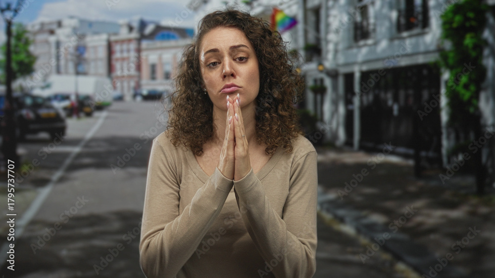 Fototapeta premium Young hispanic woman with hands pressed together praying on a city street in front of townhouses and storefronts; pleading hope.