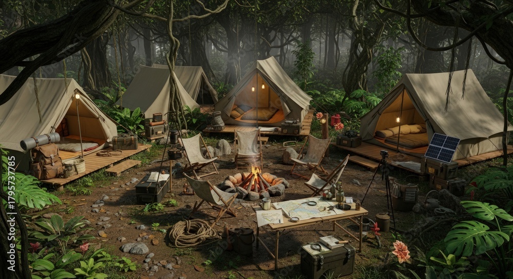 Obraz premium Lush Jungle Campsite with Tents and Campfire at Night.