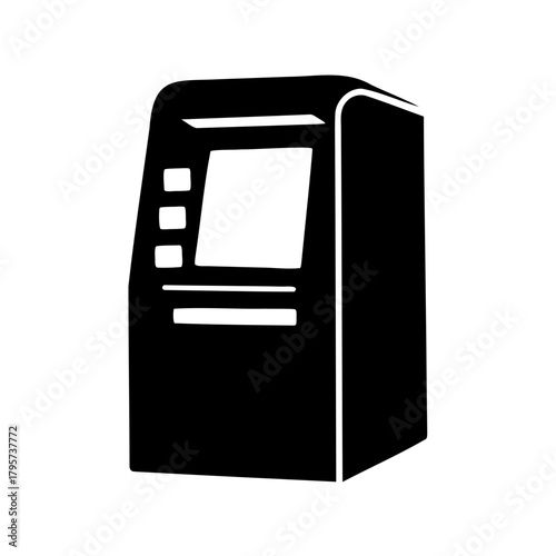 Isolated black automated teller machine on white background, financial technology icon