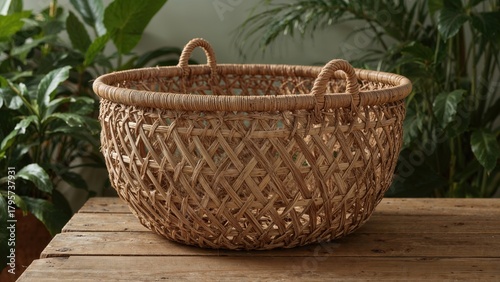 Wicker basket on wooden surface with green foliage in the background. Traditional and rustic home decor, storage, and basket weaving. The concept of handmade crafts and natural materials