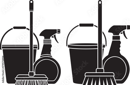Collection of cleaning supplies including buckets brooms and spray bottles silhouette