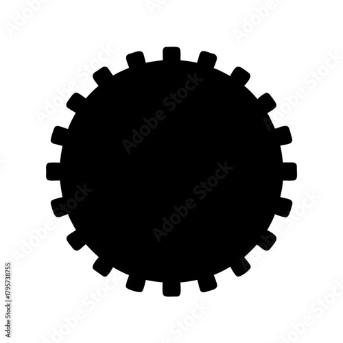 Silhouette of a gear or cogwheel with regular teeth on white backdrop